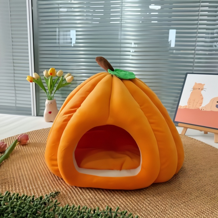 A Semi-enclosed Pumpkin-shaped Super-soft Pet Cat Bed House Nest  