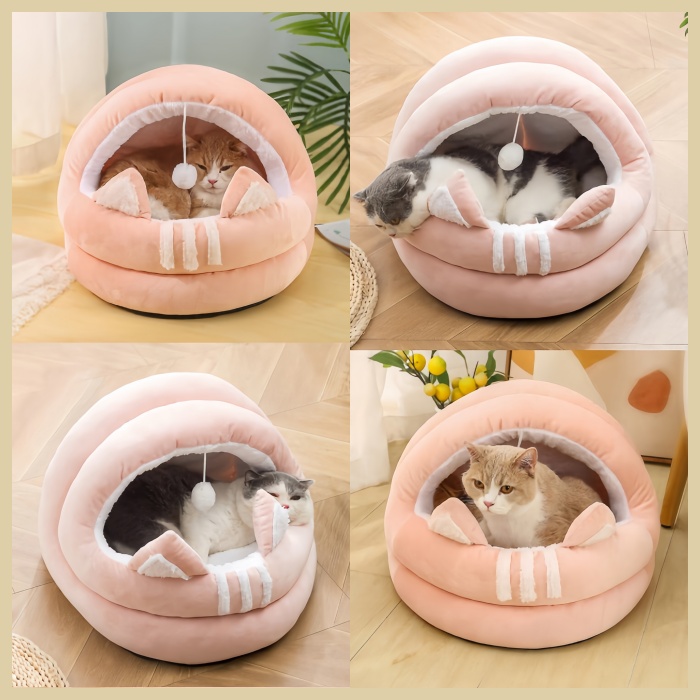 Cute Cat Enclosed Sofa Bed With Plush Ball Tart-shaped Polyester Interactive Pet Dog and Cat Bed Toy 