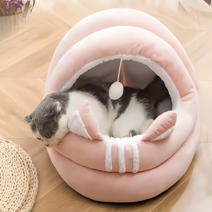 Cute Cat Enclosed Sofa Bed With Plush Ball Tart-shaped Polyester Interactive Pet Dog and Cat Bed Toy 